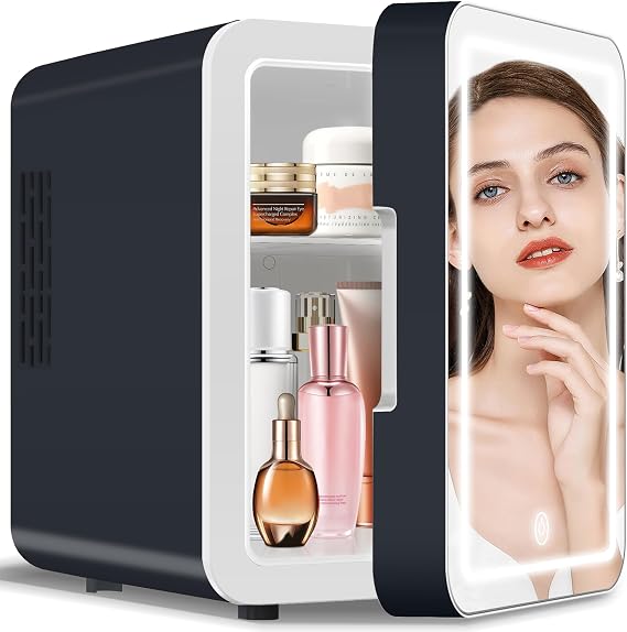 Skincare Fridge with Dimmable LED Light Mirror, 4L/6Can Cooler Warmer Mini Fridge for Skin care Cosmetic Makeup Beauty, Portable Mini Skincare Fridge for Bedroom Dorm Office Rv and Car
