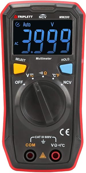 Triplett MM200 Compact 4000 Count Multimeter - AC/DC Voltage, Resistance, Temperature, Continuity ,Black