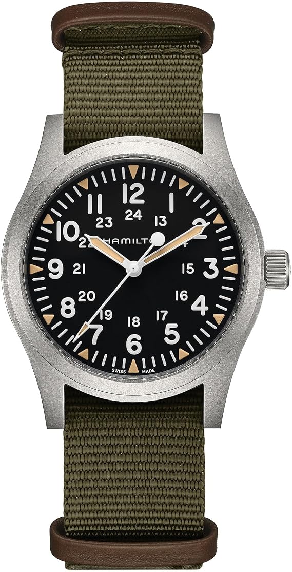 Hamilton Khaki Field Mechanical Men's Watch, 42mm Stainless Steel Case, Swiss Made, Black Dial Analog Wrist Watch for Men, 50m Waterproof, Sapphire Crystal, Textile Strap