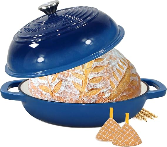 Enameled Cast Iron Dutch Oven for Bread Sourdough Baking, 6 Quart Bread Loaf Pan with Lid for Stews, Roasts, Blue