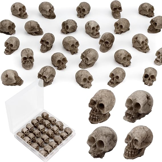 24 PCS Mini Skull Heads, Miniature Skeleton Heads Figurines, Tiny Resin Skulls for Crafts Halloween Party Micro Landscape Cake Topper Plants Outdoor Decoration