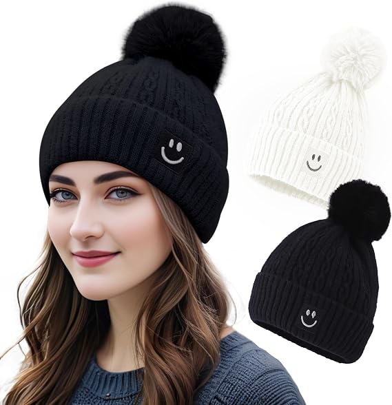 AZJ Womens Winter Beanie Hat, Smile Face Warm Fleece Knitted Skull Cap with Faux Fur Pom Pom