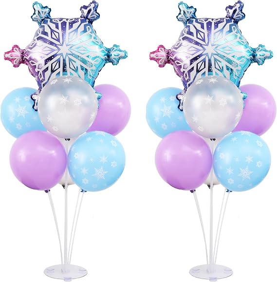 Snow Balloon Table Centerpiece Stand Kit 2 Sets for Table with Snowflake Foil Balloons for Winter Wonderland Girl Princess Birthday Party Decorations