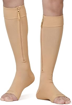 NURCOM Zipper Copper Compression Socks Open Toe Beige 15-20 mmHg Knee High Stockings, Designed for Circulation, Varicose Veins, Swelling, Venous Insufficiency, Post-Operative Recovery, 4X-Large