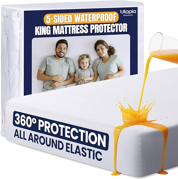 5-Sided Waterproof Mattress Protector King Size, fits Upto 17" Deep Pocket