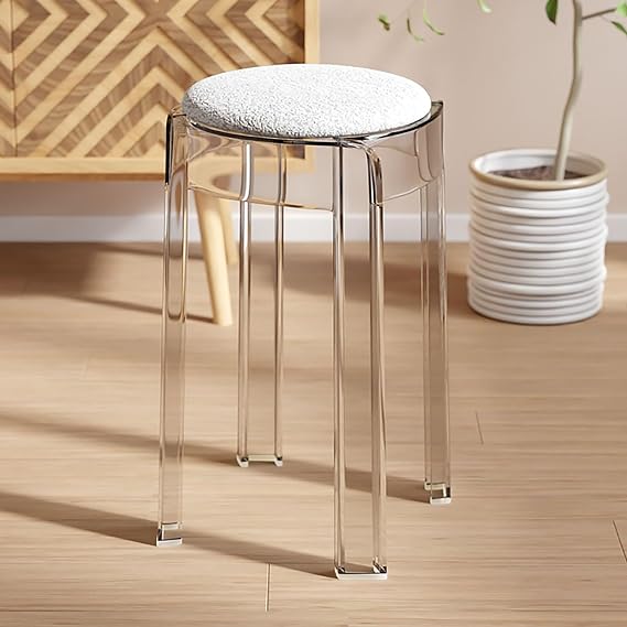 Stackable Stools Set of 2, Transparent Bar Stool Seat, Soft Stool Round Compact Acrylic Stool 18 inch for Family Gatherings, Breakfast Bar,Meeting Stool, Prayer Stool(Color:Clear+White)