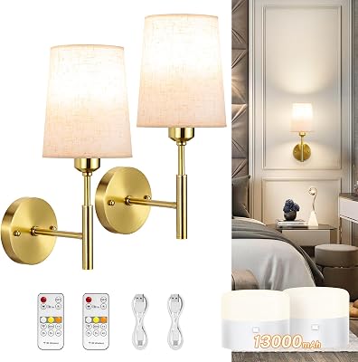 Wall Sconces Set of Two Battery Operated, Battery Operated Wall Sconce with 13000mAh Magnetic Bulbs and Remote, Rechargeable Wall Sconce, Wireless Gold Wall LampLights for Bedroom, Linen