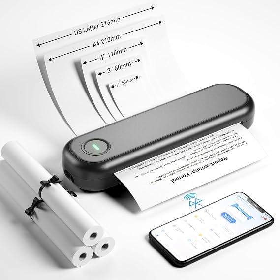 Bisofice A4 Portable Thermal Printer Wireless&USB Connect with Mobile Computer 50mm/56mm/77mm/107mm/210mm/216mm(2in/3in/4in/8in/8.5in) US Letter A5 Paper Size for Office School