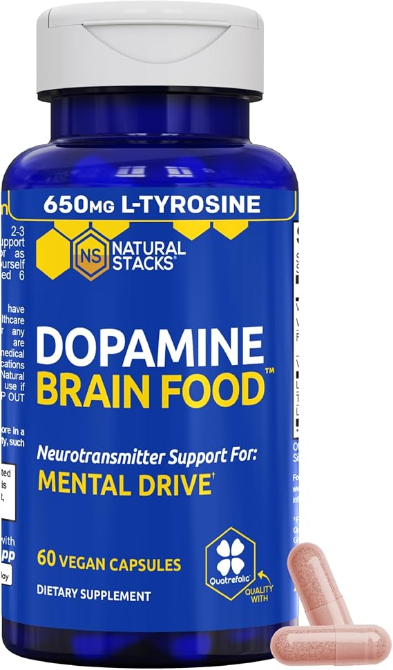 Dopamine Brain Food, Focus & Mental Drive Support with L-Tyrosine, 60 Count | 650mg Tyrosine Supplement with Vitamin B & C - Neurotransmitter Support for Mental Drive & Motivation - Natural Stacks