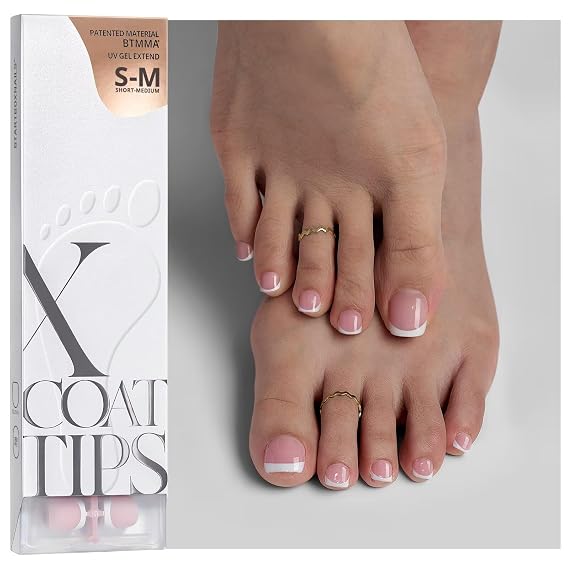 BTArtboxnails XCOATTIPS French Tip Press On Toenails, S-M Squoval, Pink