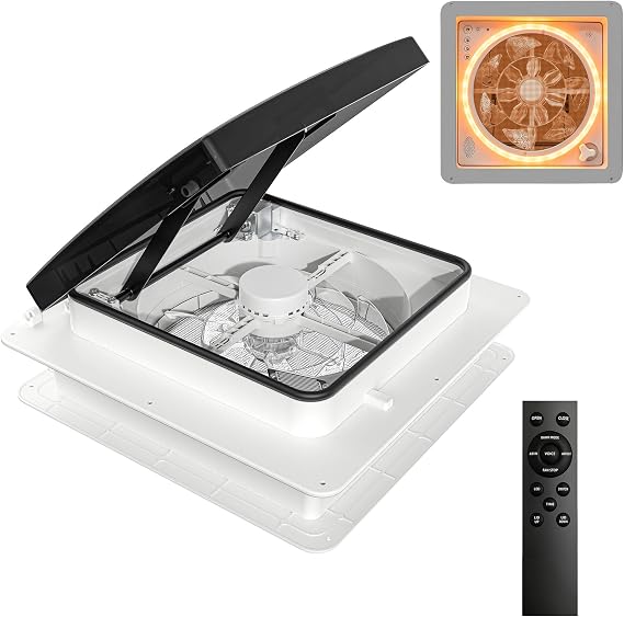 RV Roof Vent Fan 14x14 with 4 Color LED Ambiance Light, Reversible Airflow, Ultra-Quiet 12V (24V Max) Vent Fan with Remote & Rain Sensor