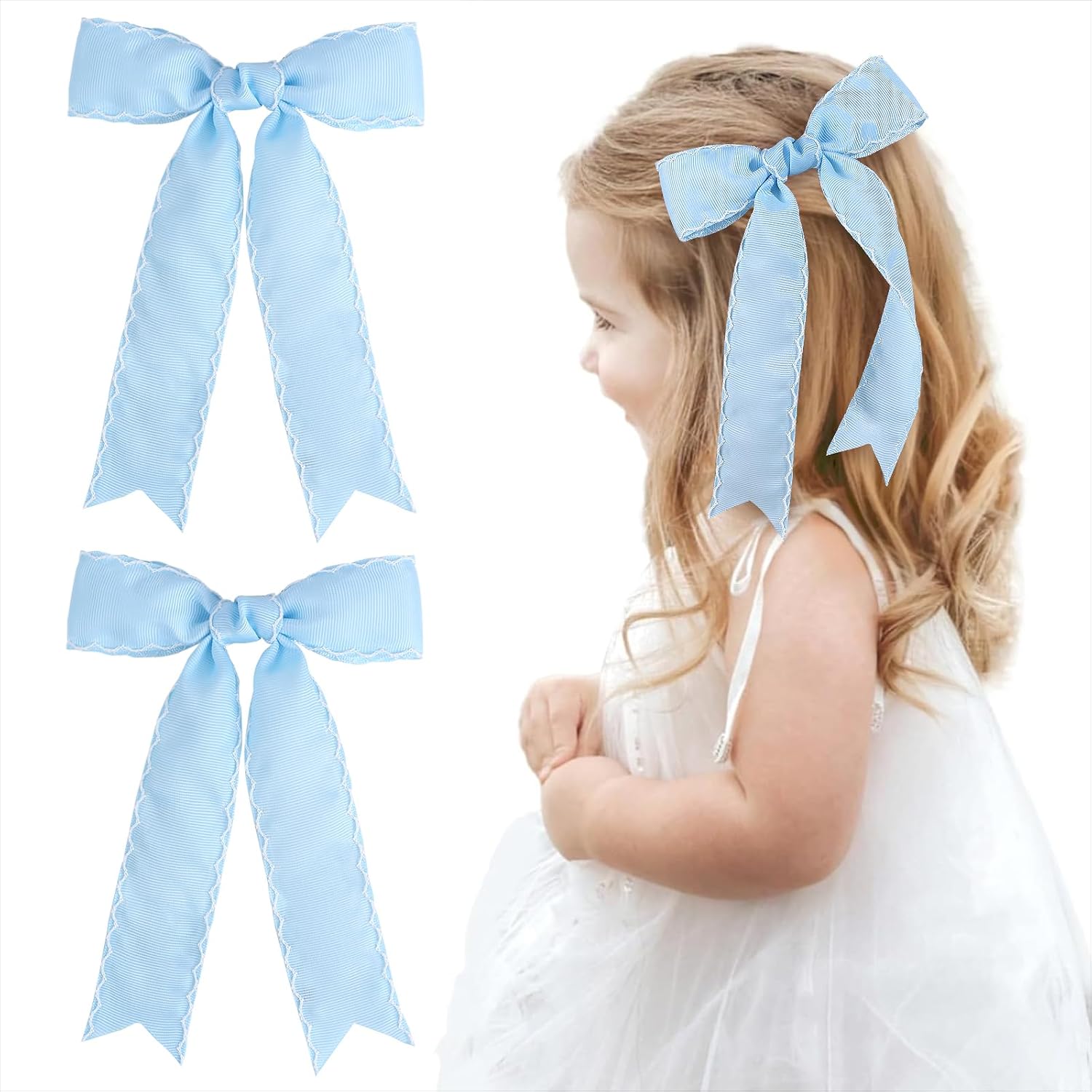 2PCS Light Blue Bows for Girls Grosgrain Ribbon Alligator Hair Clips Hair Barrettes Hair Accessories for Girl Teens Kids Toddler with Long Tail