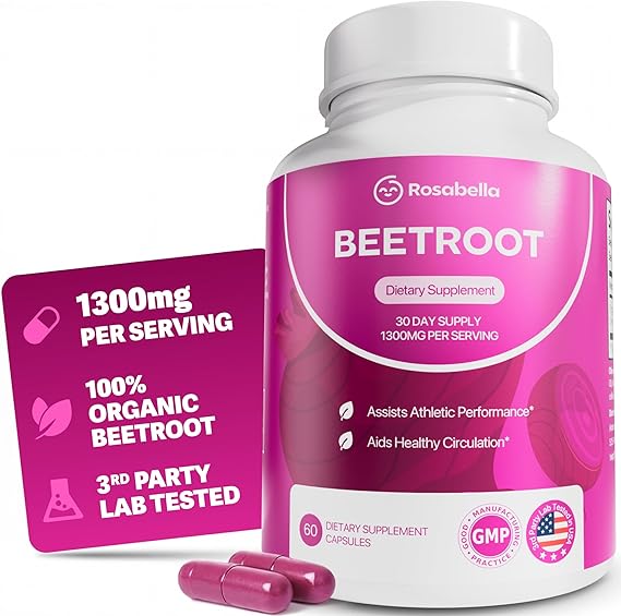 Rosabella Organic Beet Root Capsules - 1300mg Beet Root Powder Aids Healthy Circulation & Vitality, Non-GMO, Beet Root Supplement - 60 Capsules,