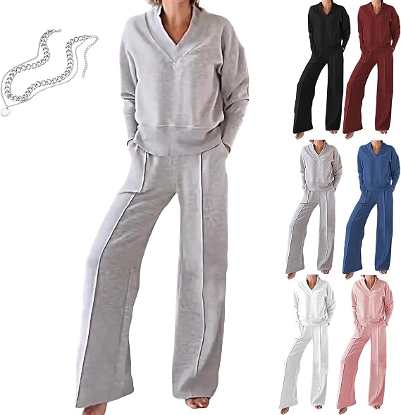 RJDJ Casual V-neck Top and Wide-leg Pants Suit, 2026 New Women's Solid Color V-Neck Top & Pants Two-Piece Set