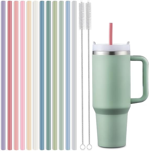 12-Pack Silicone Reusable Straws for Stanley 40 oz 30 oz Cup Tumbler, 12.2 inch Long Replacement Straws with 2 Cleaning Brushes
