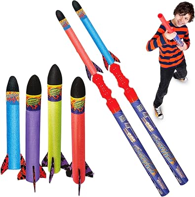 Geospace Hand Held Jr. Pump Rocket Combo Battle Pack Flying Foam Rockets Outdoor Toys for Kids, Boys & Girls 30 Set with 2 Launchers & 6 Rockets Set Hand Stomper Rocket Toy - Cool Toys for Fun