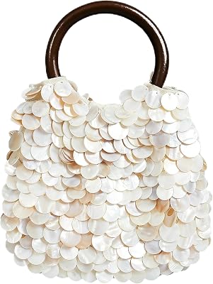 Miuco Shell Clutch Handbag Handmade Natural Seashell Purse with Wooden Handle Shell Beaded Bag for Women Beach Party Vacation