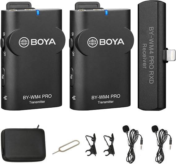 BOYA 2.4GHz Wireless Lavalier Lapel Microphone System for iPhone/iPad Dual Clip On Cordless Lav Mic for Vlog Video Recording YouTube with Lightning Connector Receiver and Transmitter BY-WM4 PRO-K4