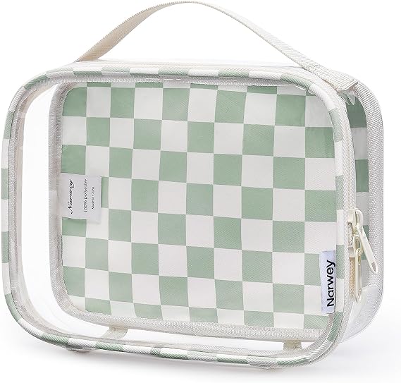 Narwey TSA Approved Toiletry Bag Carry on Clear Toiletry Bag Makeup Bag, Airport Airline Quart Size Travel Bags, Waterproof Portable Compact Cosmetic Make up Organizer Bag (Mint Green Checkerboard)