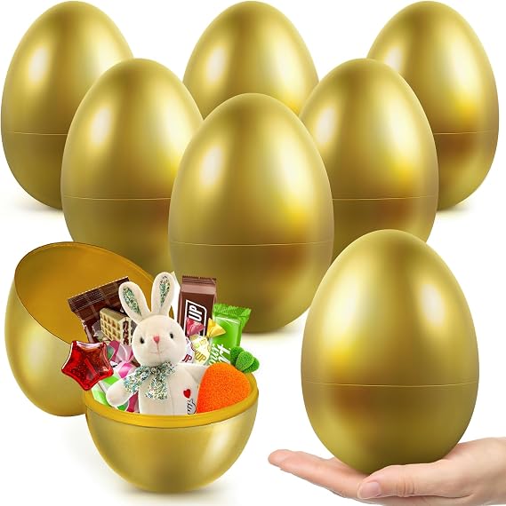 ShyLizard 6 Pcs Jumbo Golden Easter Eggs, 6 Inch Fillable Plastic Easter Eggs for Easter Basket Stuffers, Easter Egg Hunt, Party Favors