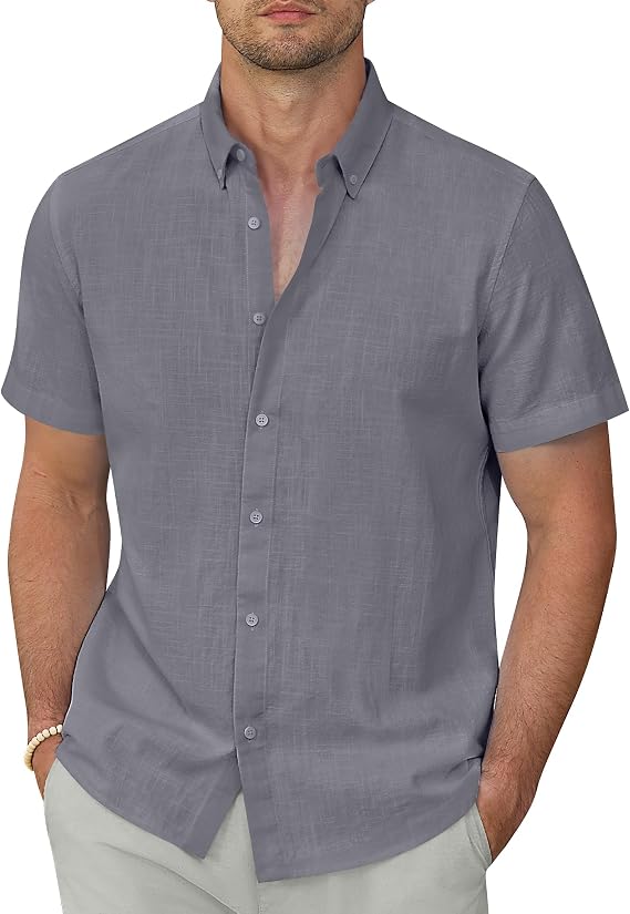 Lion Nardo Linen Shirts for Men Short Sleeve Collar Button Down Shirts Linen Dress Shirts Untucked Shirts Beach Summer Shirts