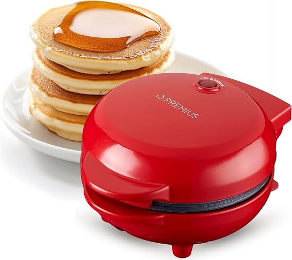 Ceramic NonStick Mini Snack Griddle Maker, 4 Mold, Quick Heat Up, Individual Fluffy Pancakes, Grilled Cheese, Eggs, Pizzas, Cookies & On-the-Go Breakfast & Lunch, Just Add Batter (Red)