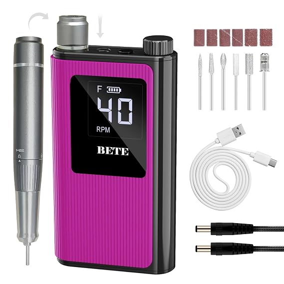 BETE Professional Nail Drill, 40000 RPM Cordless Electric Nail File Kit with 6 Bits, Rechargeable Efile for Acrylic Gel Nails Polishing, Manicure Tools for Salon Home Use, Rose Red