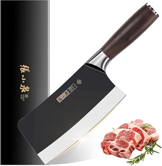 ZHANG XIAO QUAN SINCE 1628 All Black Bone Chopping Knife, Stainless Steel Professional Chinese Chopper Knife for Cutting Bones and Nuts, Chinese Chefs Knife with Ergonomic Handle, 7 inch, D12741300