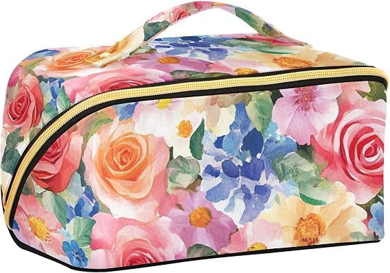 United States Rose Beauty Summer Flowers Colorful Designed Cosmetics Bag with dividers Waterproof Make Up Bags For Women Travel-Size Accessories