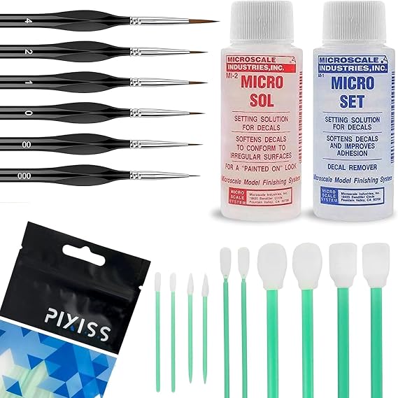 Micro Sol and Micro Set Decal Setting Solution Bundle with Pixiss Black Brushes and Blending Swabs Professional Decal Application Kit for Model Builders, Crafts, and Hobbyists