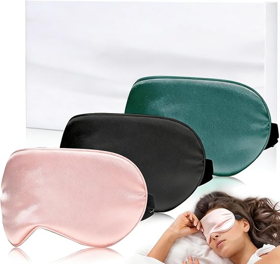Eye Mask for Sleeping,3 Pack Silk Sleep Masks for Women Men-Blindfold for Travel on Airplane,100% Pure Silk Eye Mask for Sleep with Adjustable Strip(Black-Pink-Green) 8.86 * 4.92 * 1 inches