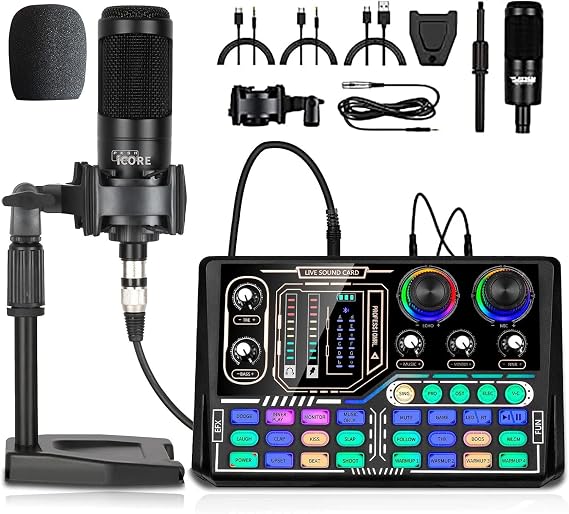 Podcast Equipment Bundle, Sound Card,Sound Board,Professional DJ Audio Interface Mixer, Portable ALL-IN-ONE Podcast Production Studio with XLR Microphone for Live Streaming, Recording and Gaming