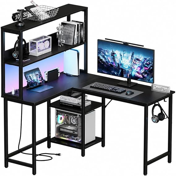 Simple Deluxe 43 Inch L-Shaped Gaming Desk with LED Lights & Power Outlet, Reversible Corner Computer Table with Storage Shelves and Hook, Black for Home Office