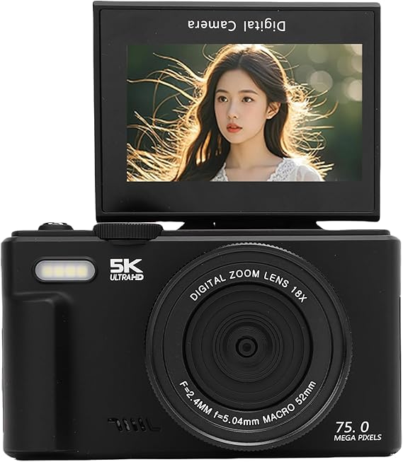 Generic 5K Digital Camera for Photos, 75MP Autofocus Blogging Camera with 3" 180 Degree Flip Screen, WiFi 18X Zoom Cell Feet Label Camera with 32GB SD Card for Teenagers and Beginners Black