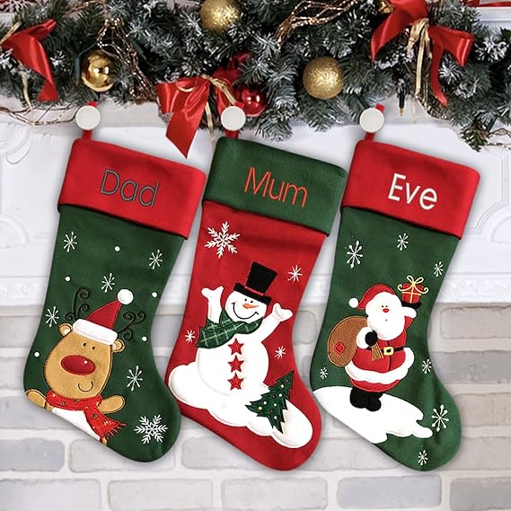 Personalized Christmas Stocking - Snowman Design - Embroidered Name - Large 18.5inch, Traditional Red and Green, Family Holiday Season Decor