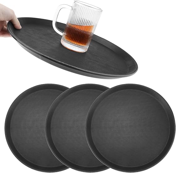 QWORK 14-Inch Round Non-Slip Serving Tray Set 4Pack Rubber Surface Drink & Meal Carrier for Home, Cafe & Catering