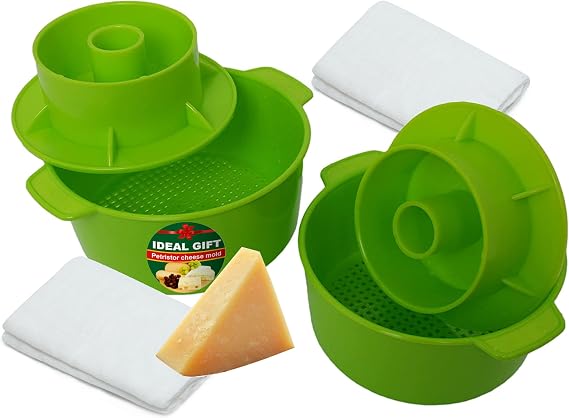 2 Pcs Cheese Mold for Cheese Making Cheese With Follower Piston Color Green - Cheesemaking Supplies - Cheese Form Mold - Cotton Cloth For Straining - Molde Para Queso Casero