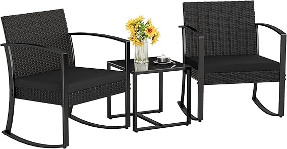 Homall Patio Furniture Set 3 Piece Resin Outdoor Bistro Set Rocking Patio Chairs with Cushions and Table for Porch, Poolside, Balcony and Yard (Black)