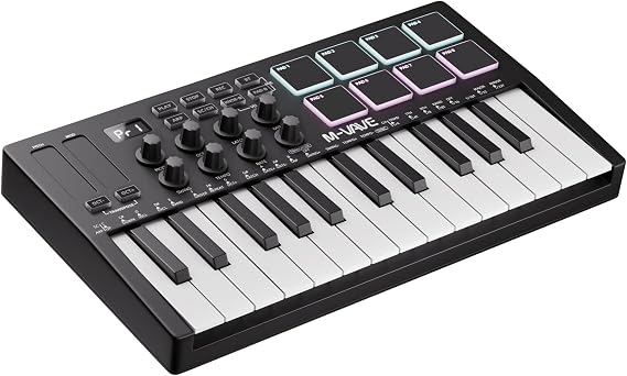 DaierTek Midi Keyboard Controller 25 Key Portable Mini Bluetooth & USB Midi Piano with 8 Backlit Drum Pad, 8 Knobs and Music Production Software for Computer Recording, Music Production