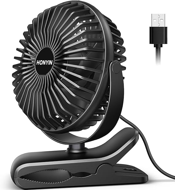 HONYIN 720 Rotation Small Desk, Hang & Clip on Fan by USB Plug In | Sturdy Clamp, 3 Speeds, Quiet Little Personal Cooling Fan for Bedroom Office Desktop Treadmill