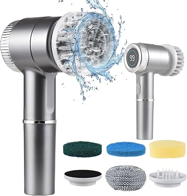 Decdeal Electric Cleaning Brush Set, Cordless Electric Spin Scrubber Waterproof 3 Speeds Digital Display Handheld Scrubber with 5 Brush Heads Ideal