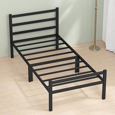 Musen Twin Metal Bed Frame with Headboard, Noise Free, Anti-Slip, Easy Assembly, Under-Bed Storage, Black