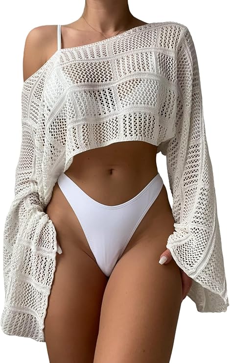 COZYEASE Women's Hollow Out Crop Bikini Cover Up Long Sleeve Crochet | Boat Neck, Sheer, Swimsuit Cover Up