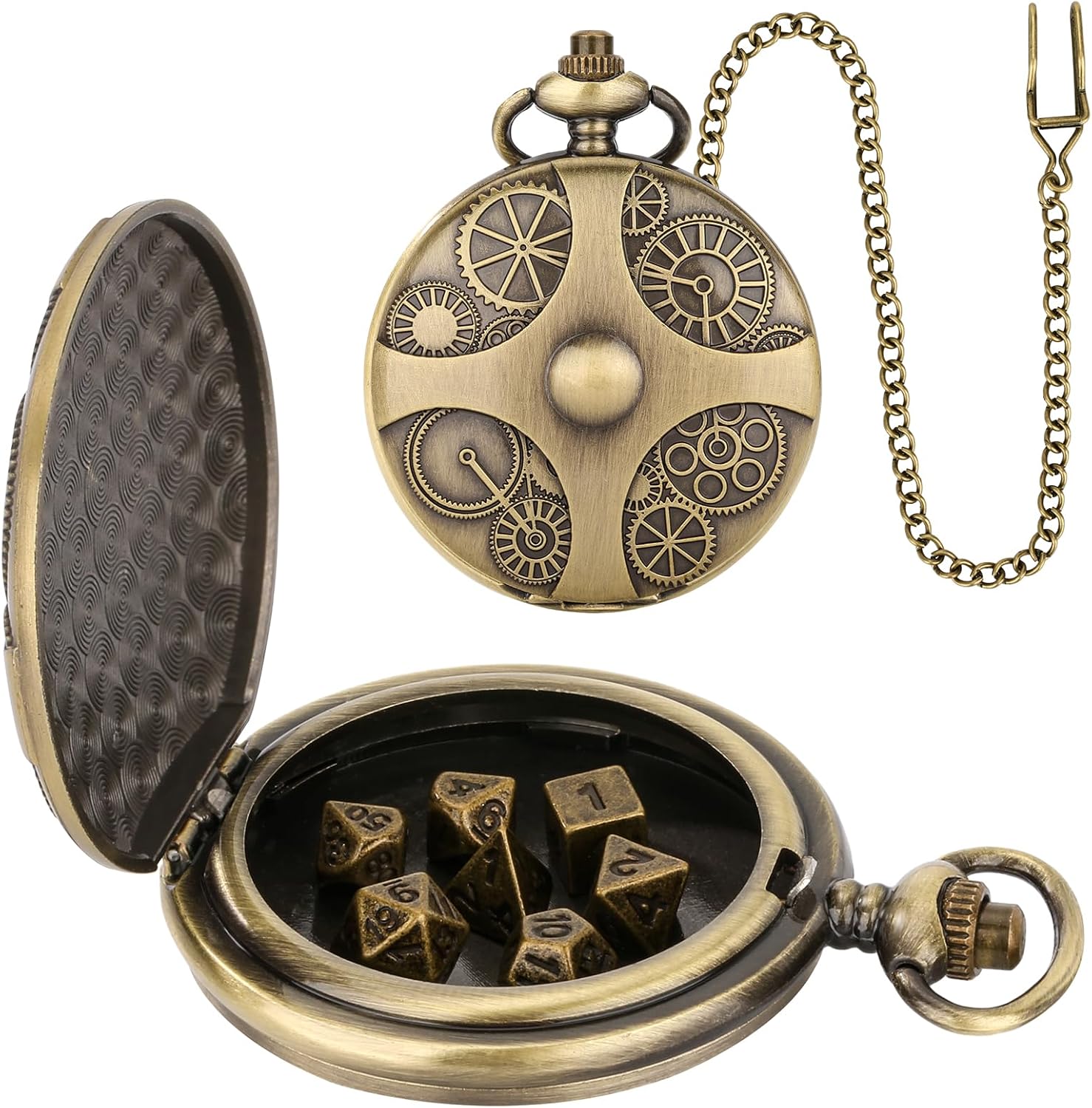 Keller & Weber Mini DND Dice Set Bronze Steampunk Gear Pocket Watch Shell Case, 7pcs Multi-Faced Metal D&D Dice Set, DND Gifts with Gift Box, Role Playing Board Games Accessories
