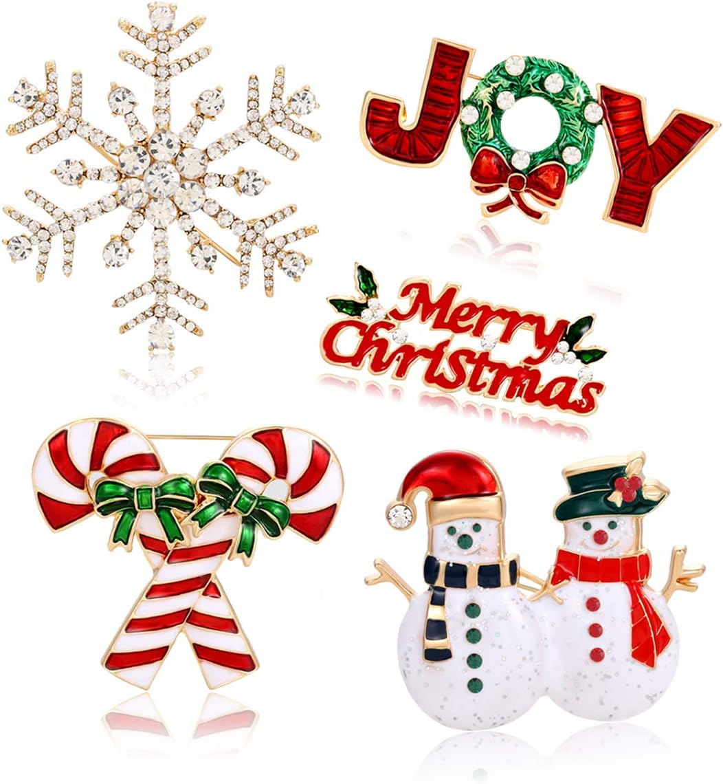 Christmas Brooch Pins Snowflake Pin Marry Christmas JOY Candy Cane Snowman Brooches Xmas Christmas Holiday Party Gifts for Women Girls Kids