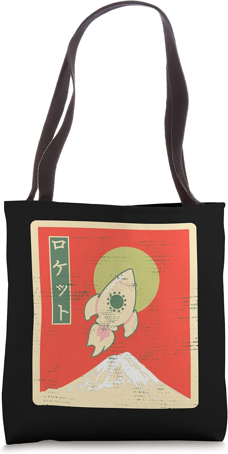 Retro Rocket Ship Atomic Age Japanese Katakana Mt. Fuji Mash Tote Bag