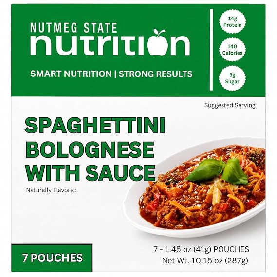 Nutmeg State Nutrition - High Protein Instant Meal, 15g Protein, 140 Calories, 1.5g Fat, 5g Fiber, 7 Servings Per Box (1 Box, Spaghettini Bolognese)