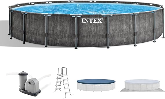INTEX Greywood Prism Frame 18ft x 48in Round Above Ground Pool Set w/Pump | 26743EH - 1500 GPH Filter Pump, Ladder, Swimming Pool Cover and Ground Cloth Included - Reinforced Steel Frame