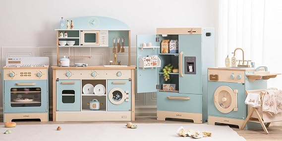 ROBUD 4-in-1 Wooden Play Kitchen Set for Kids, Fridge Oven Washer