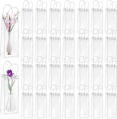 CACASO 50 PCS Clear Plastic Gift Bags with Handle,Plastic PVC Gift Bags,Transparent Gift Wrap Tote Bag for Shopping,Reusable Clear Party Favor Bags for Weddings Birthday Retail3.7x9.3x3.4